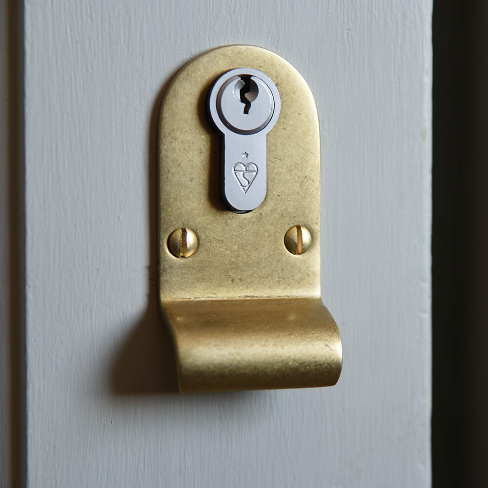 Aged brass cylinder latch cover on a door