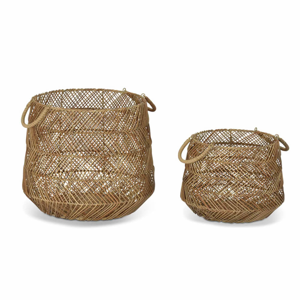 Two criss cross woven baskets with handles