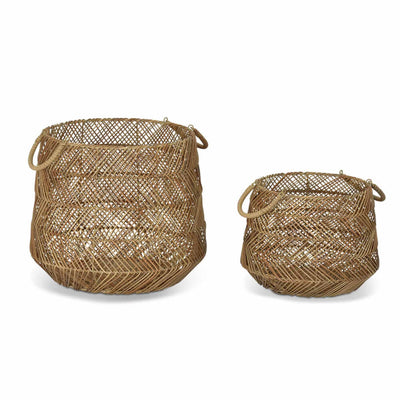 Two criss cross woven baskets with handles