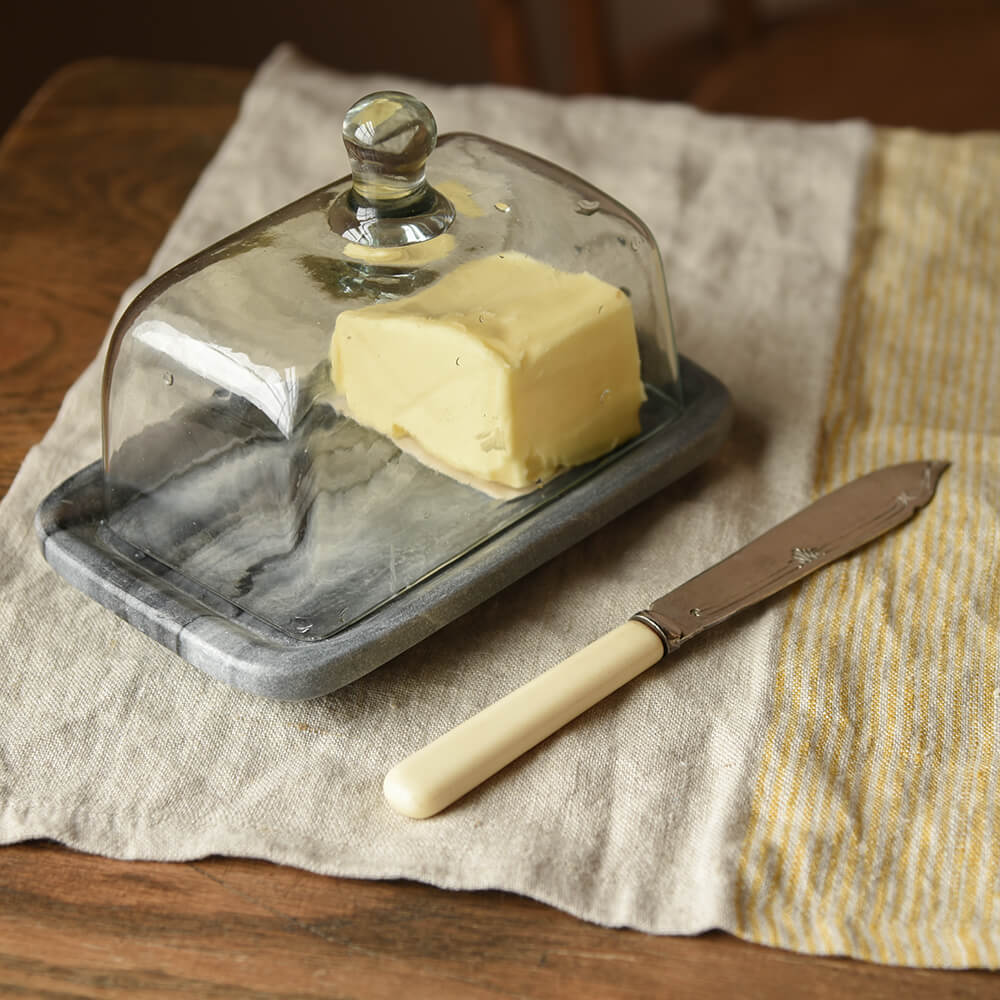 Glass domes butter dish with veined grey marble base
