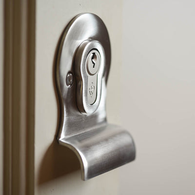 Satin Stainless Steel Euro Cylinder Latch Pull on an angle showing the form