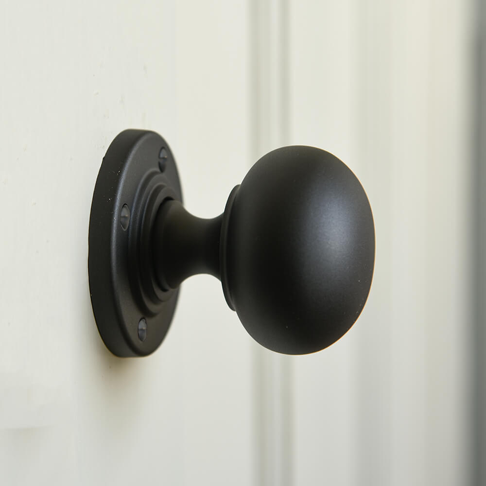 Side profile of a smooth black round door knob with reeding to the neck of the roseplate mounted on a cream door