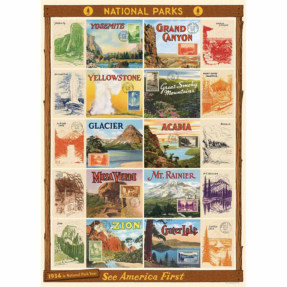 Cavallini poster of 8 national parks in America with painted and sketched images