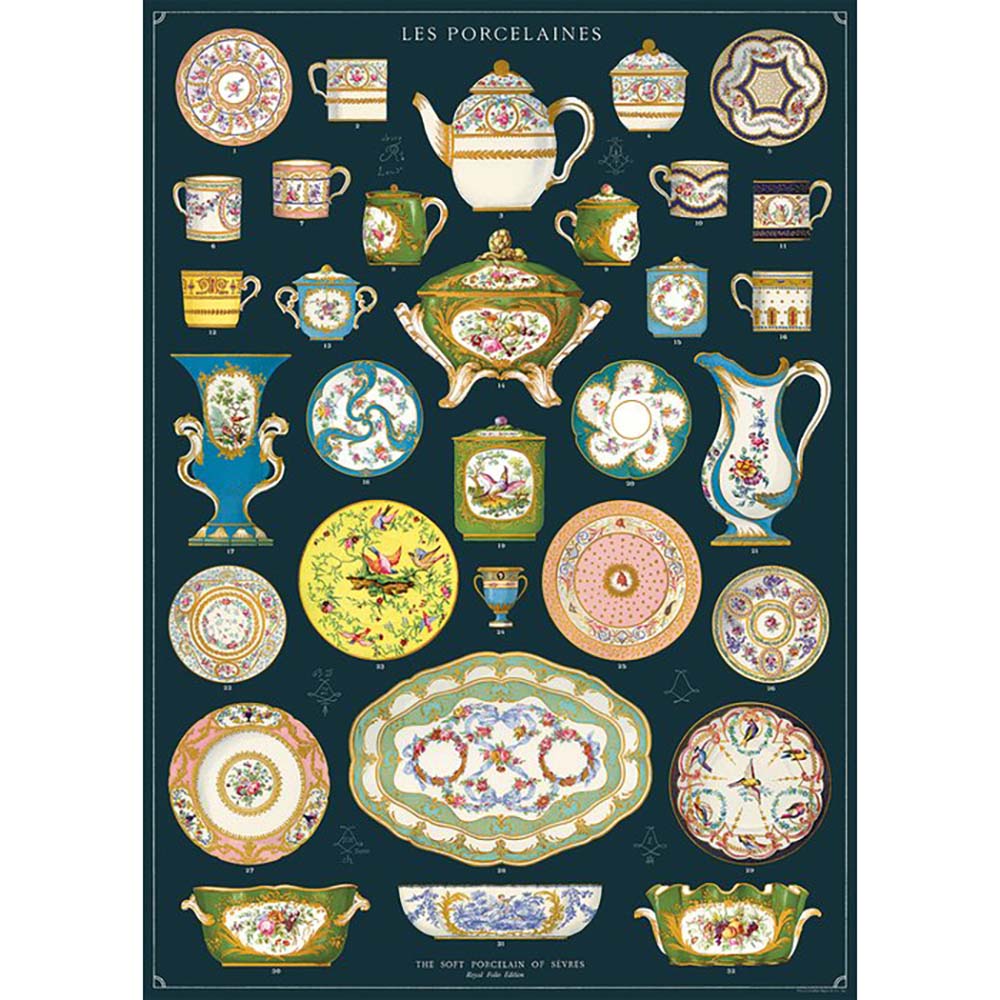 Dark blue Cavallini poster with images of porcelain crockery with ornate detailing and bright colours
