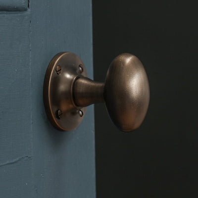 Antique brass oval shaped door knob on door