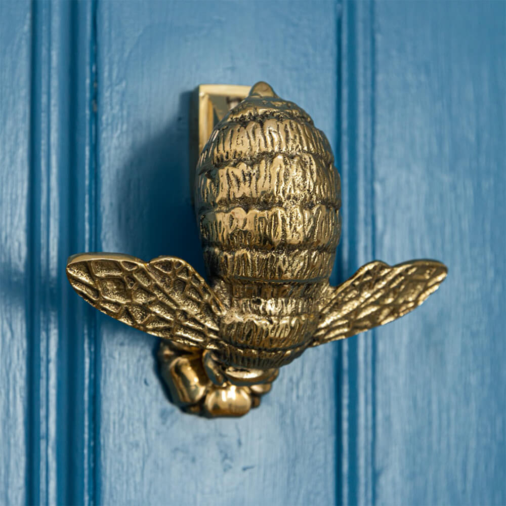 Brass Bumble Bee Door Knocker on blue door