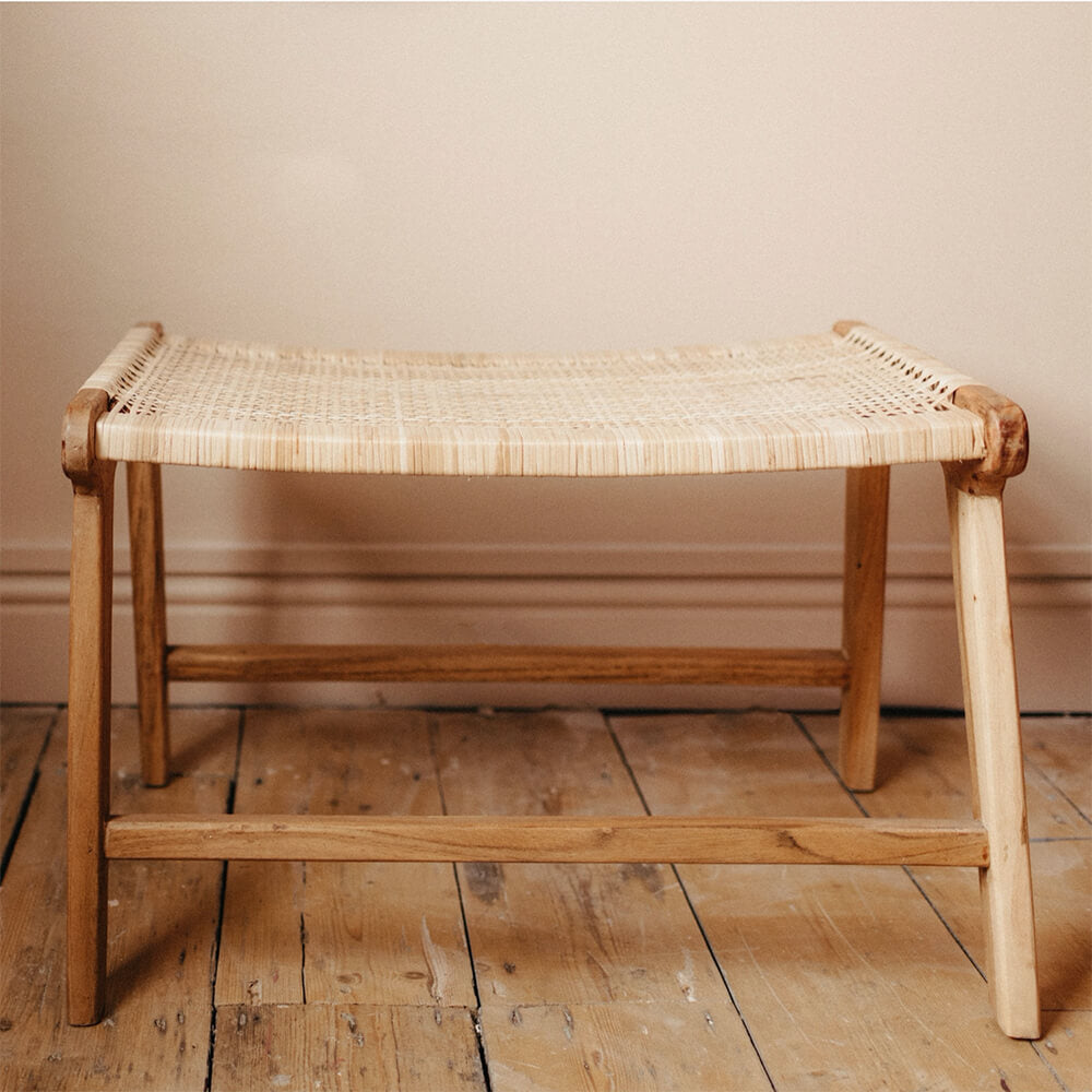 Madrisana Acacia and Rattan Footstool showing curved top
