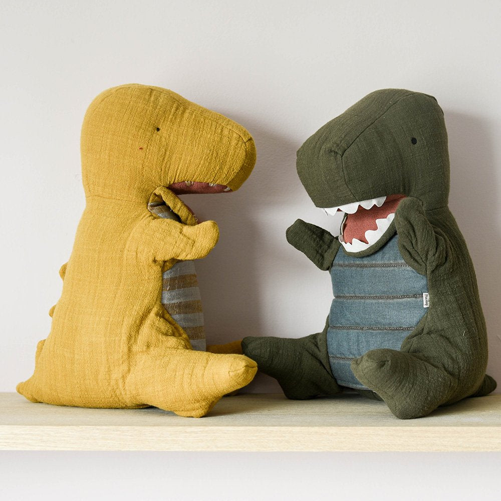Maileg dinosaur and t-rex hand puppets in yellow and green