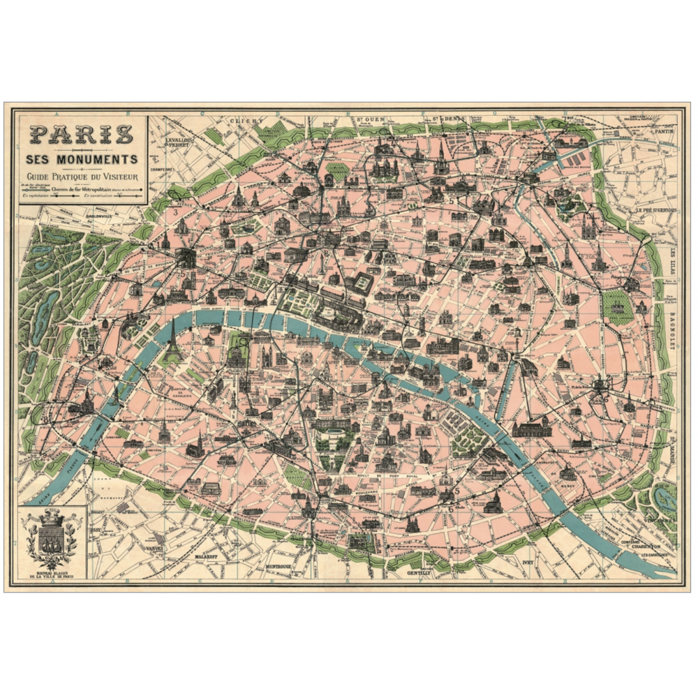 Vintage style map of Paris and its monuments