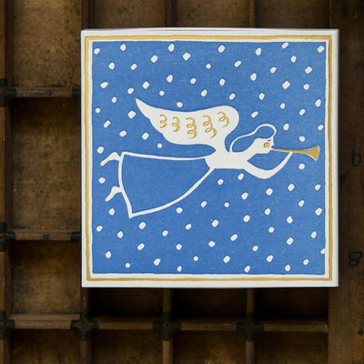 Letterpress printed winter scene luxury match box featuring an angel in the snow