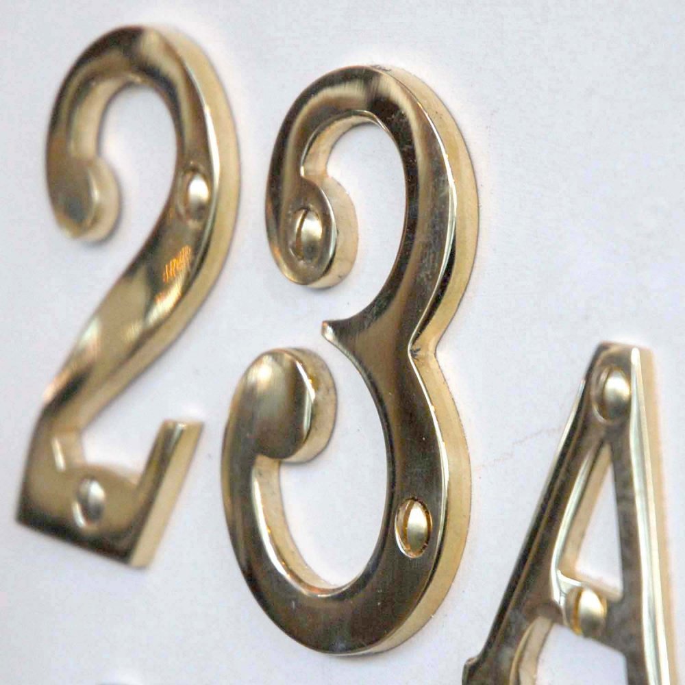 The Works Solid Brass House Numbers – 3 Inch (76mm) – Heavy Quality, Polished Gold, 3D Effect