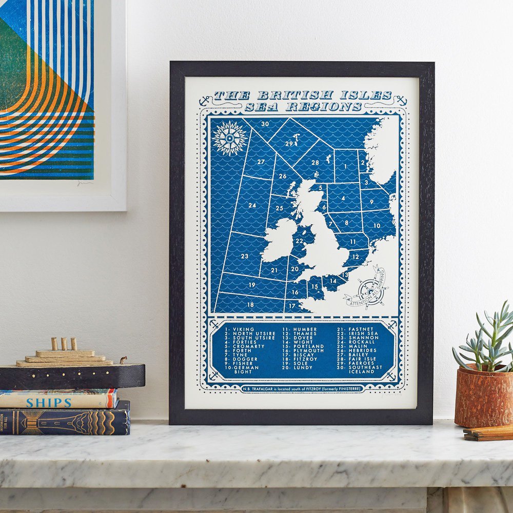 british isles sea regions a3 screen print with blue background