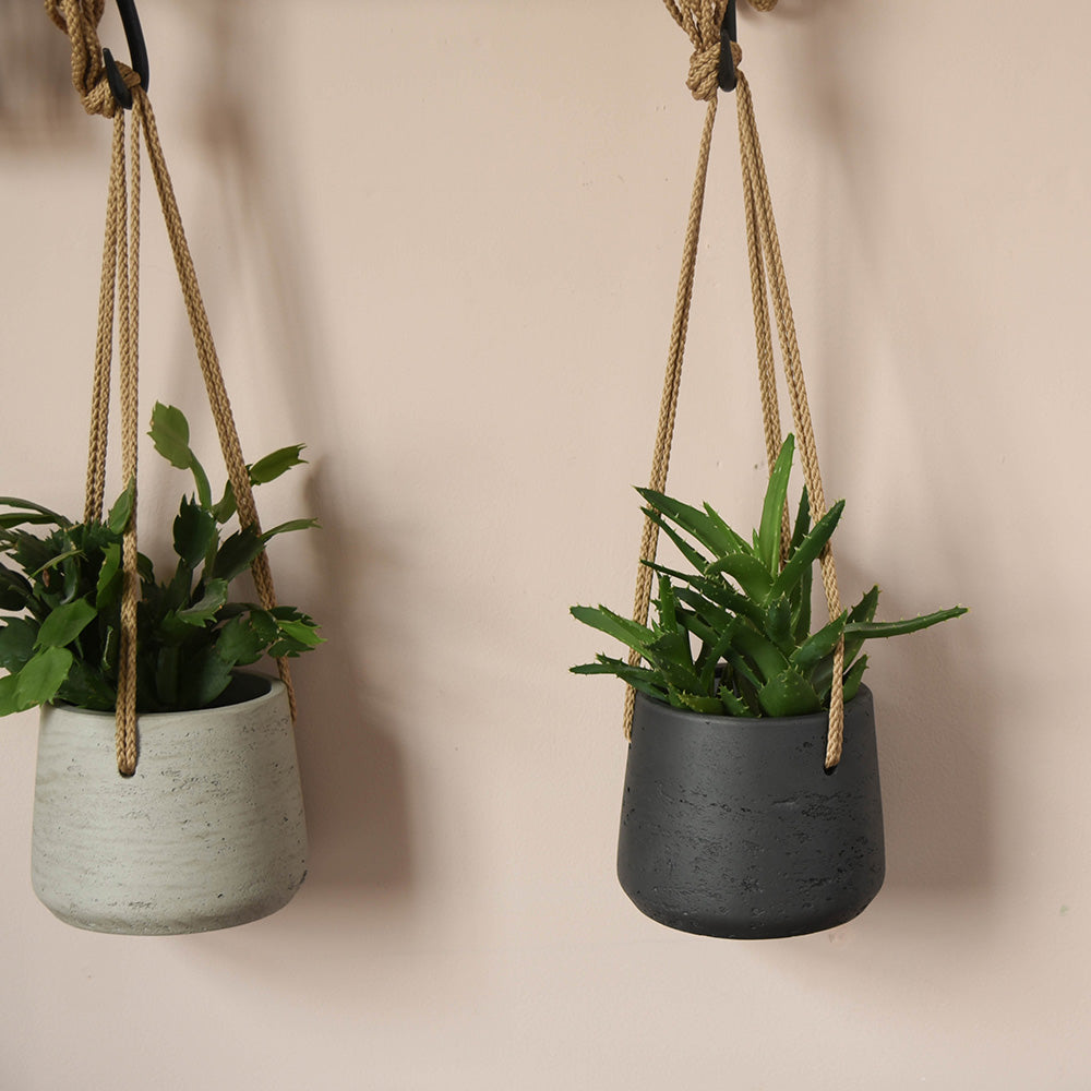 Small cement hanging planters in stone (left) and carbon (right) with beige rope.