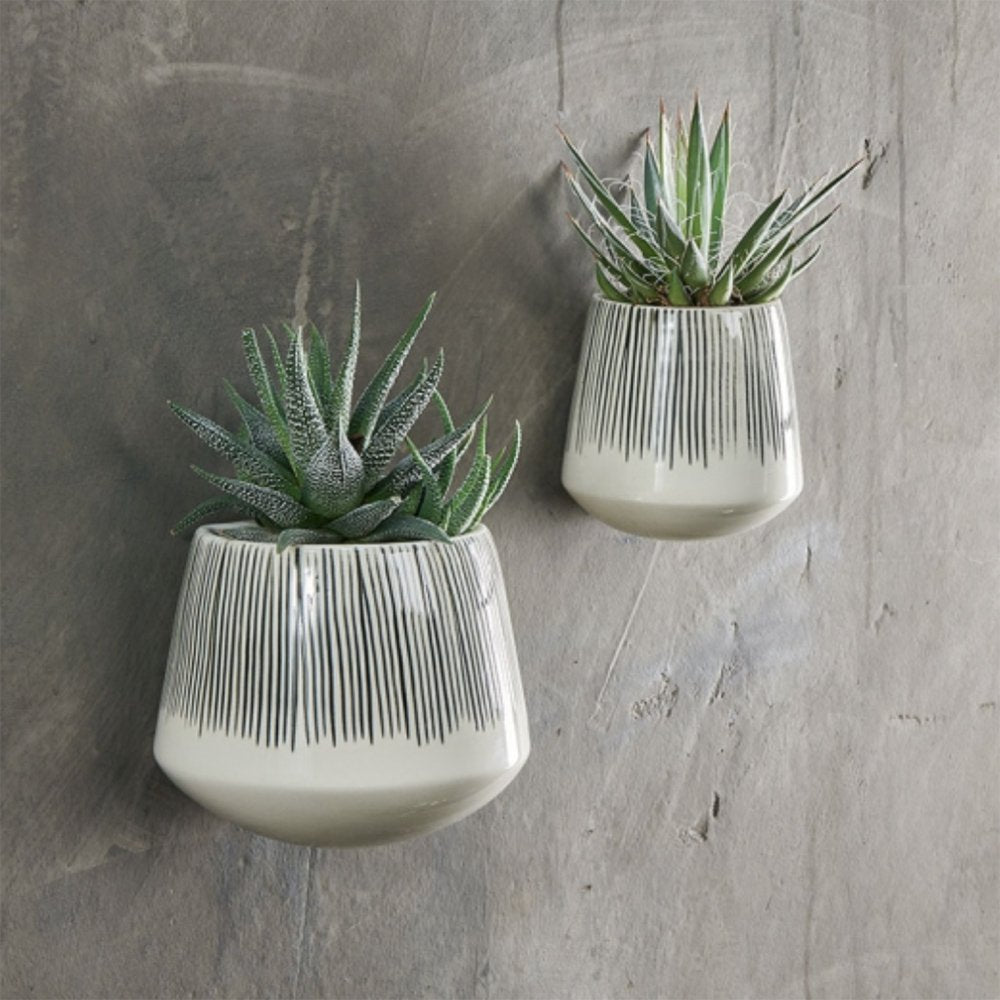 Two Ceramic Wall Hung Planters with Black Lines in Large and Small