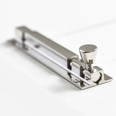 Close up of solid brass Square Section Barrel Bolt in Polished Nickel plated finish.