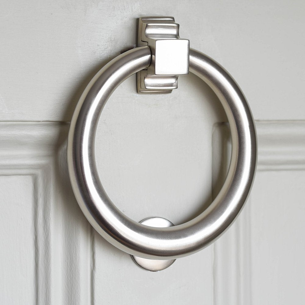 Solid brass Large Hoop Door Knocker plated with brushed satin nickel finish.