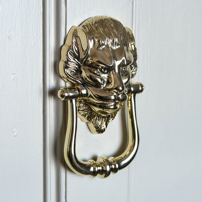 Large Brass Lion Door Knocker on door.