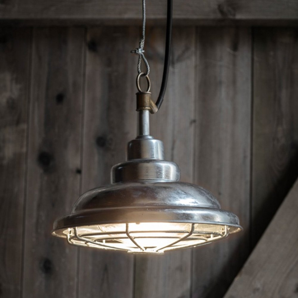 Naval ship style galvanised steel pendant light with wire cage shade and black cable