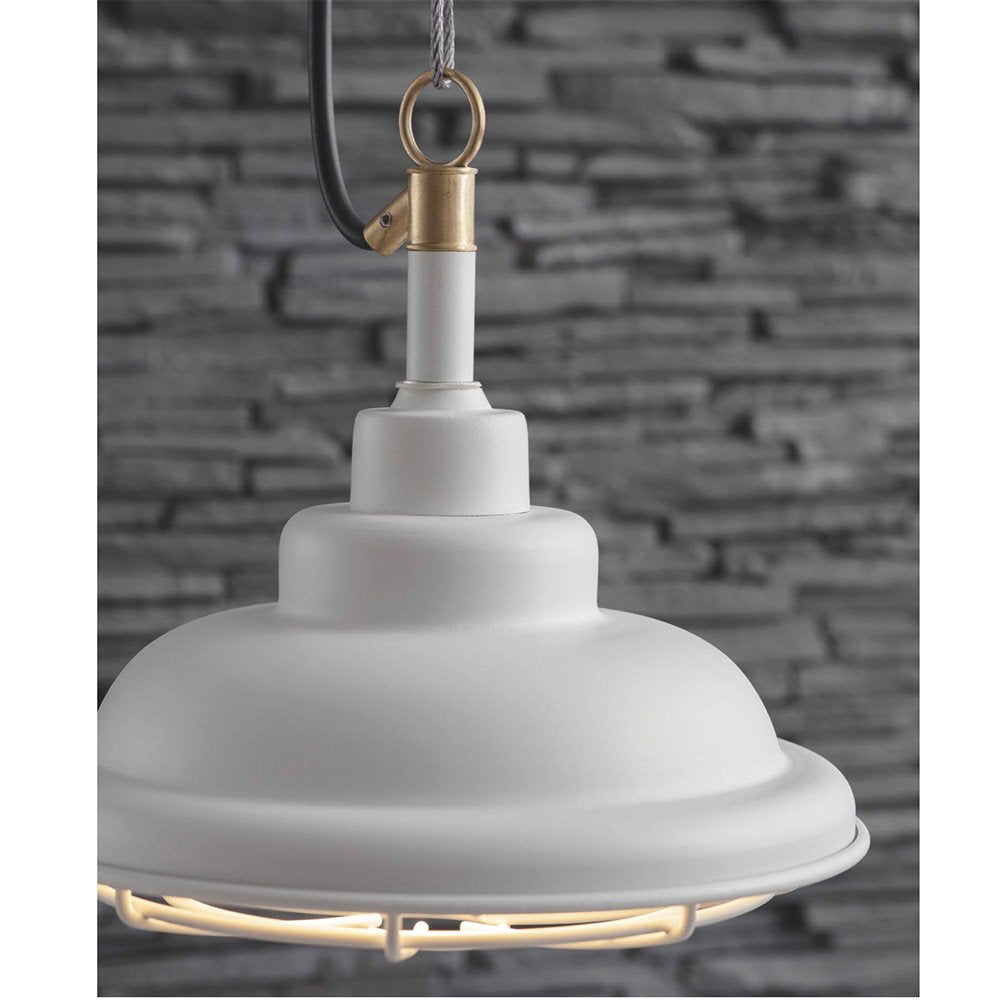 Stylish white outdoor pendant light in naval ship style with brass fittings and black cable