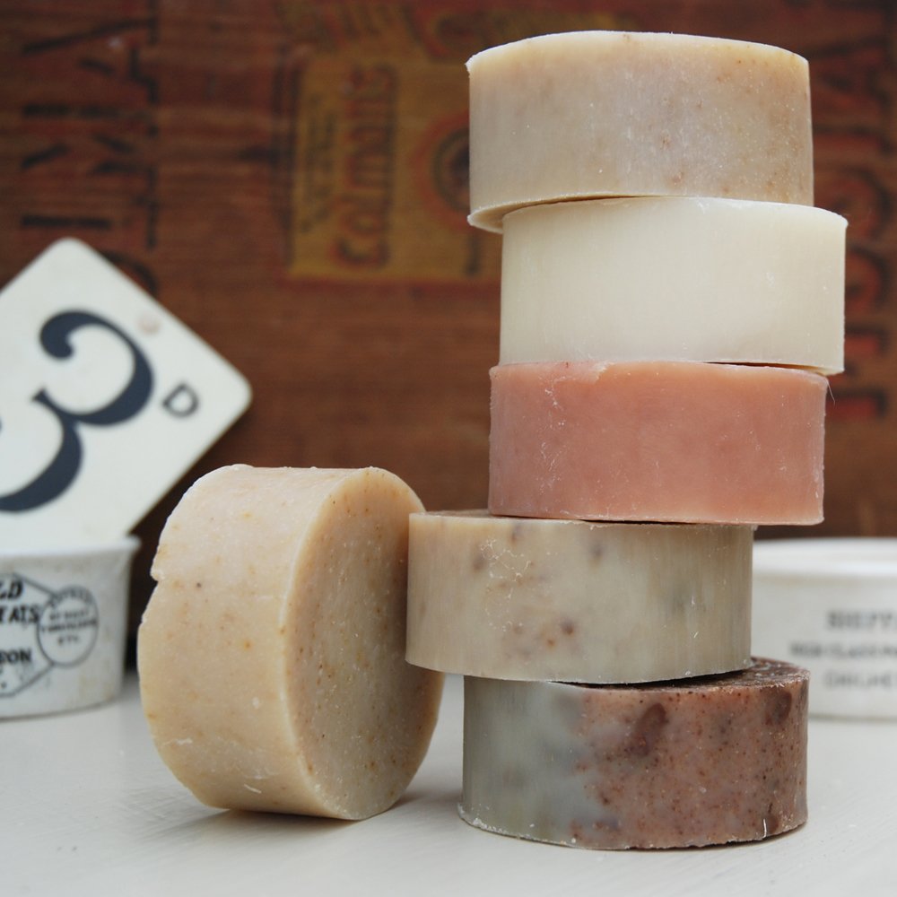 Handmade natural soap varieties stacked