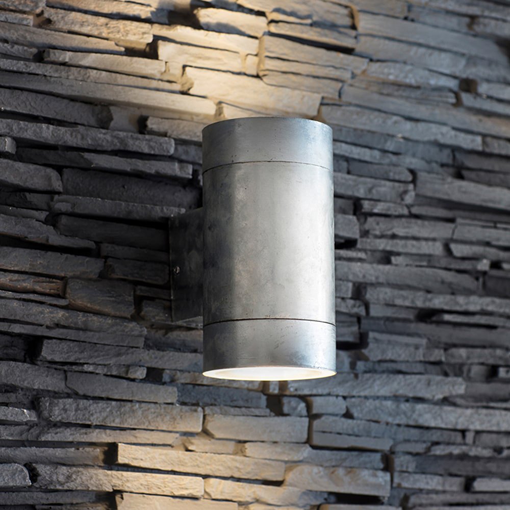 Large cylindrical galvanised steel outdoor up and down light
