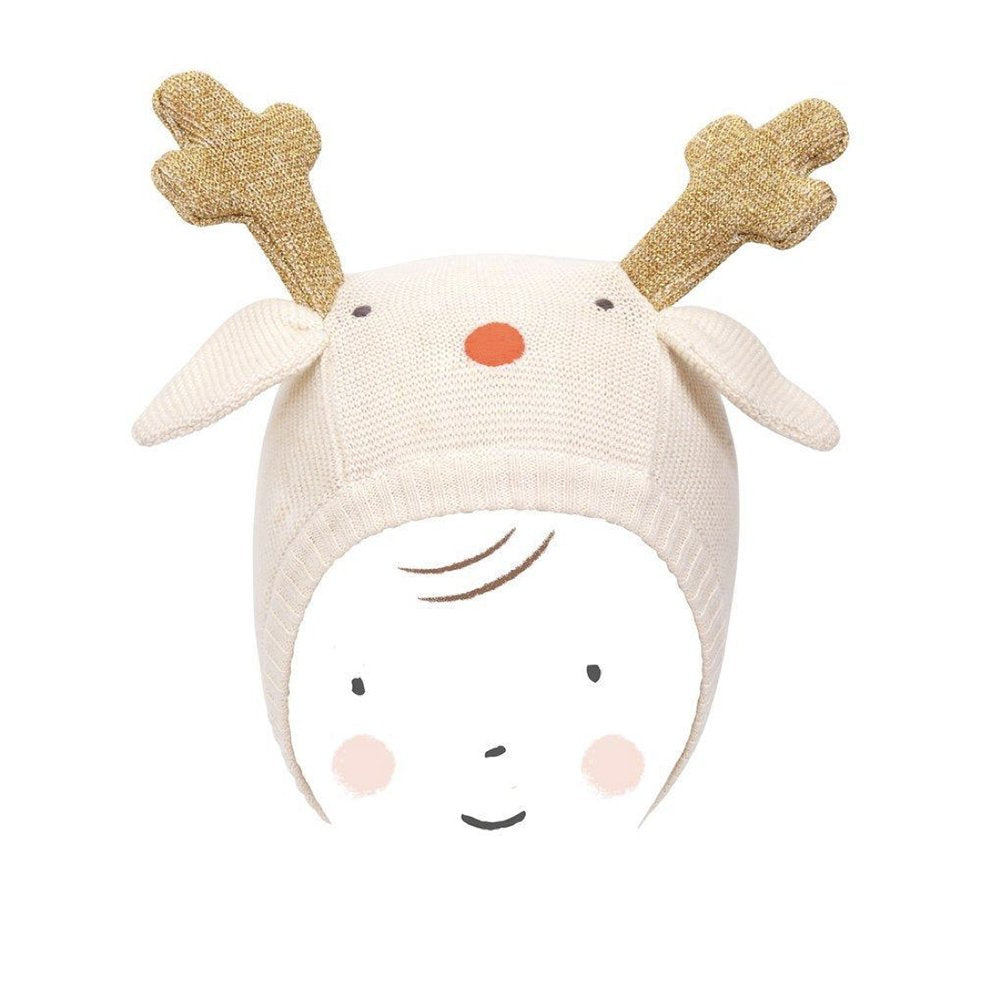 Knitted soft organic cotton baby bonnet featuring gold glitter reindeer antlers, knitted floppy ears and a stitched neon pink nose and grey eye details