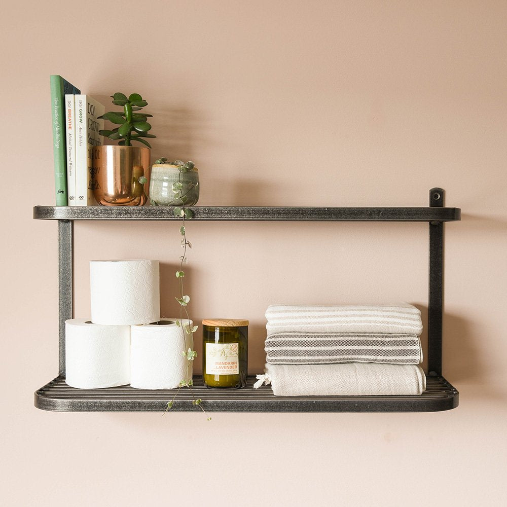 Head-on view of steel double wall shelf with rounded edges