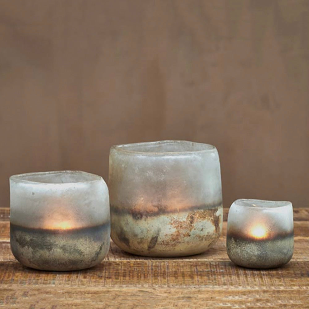 Three Recycled Glass Aged Smoke Ngolo Tealight Holders in Medium, Large and Small