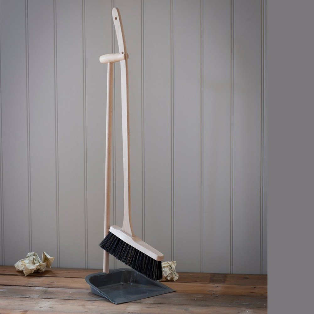 Wooden dustpan and brush with long handle, pan charcoal and bristles black