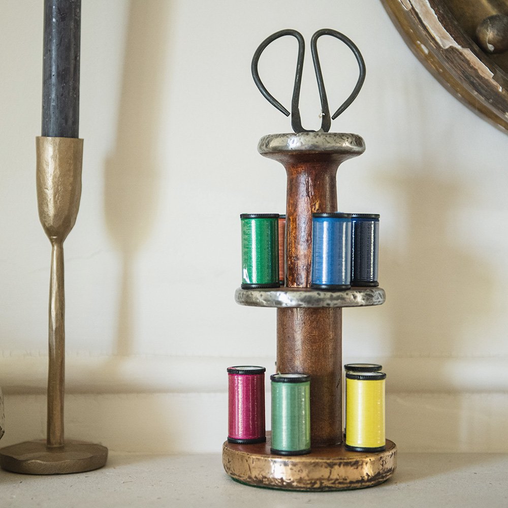 Wooden three tiered thread tidy with thread and scissors included - made from genuine antique textile bobbins.