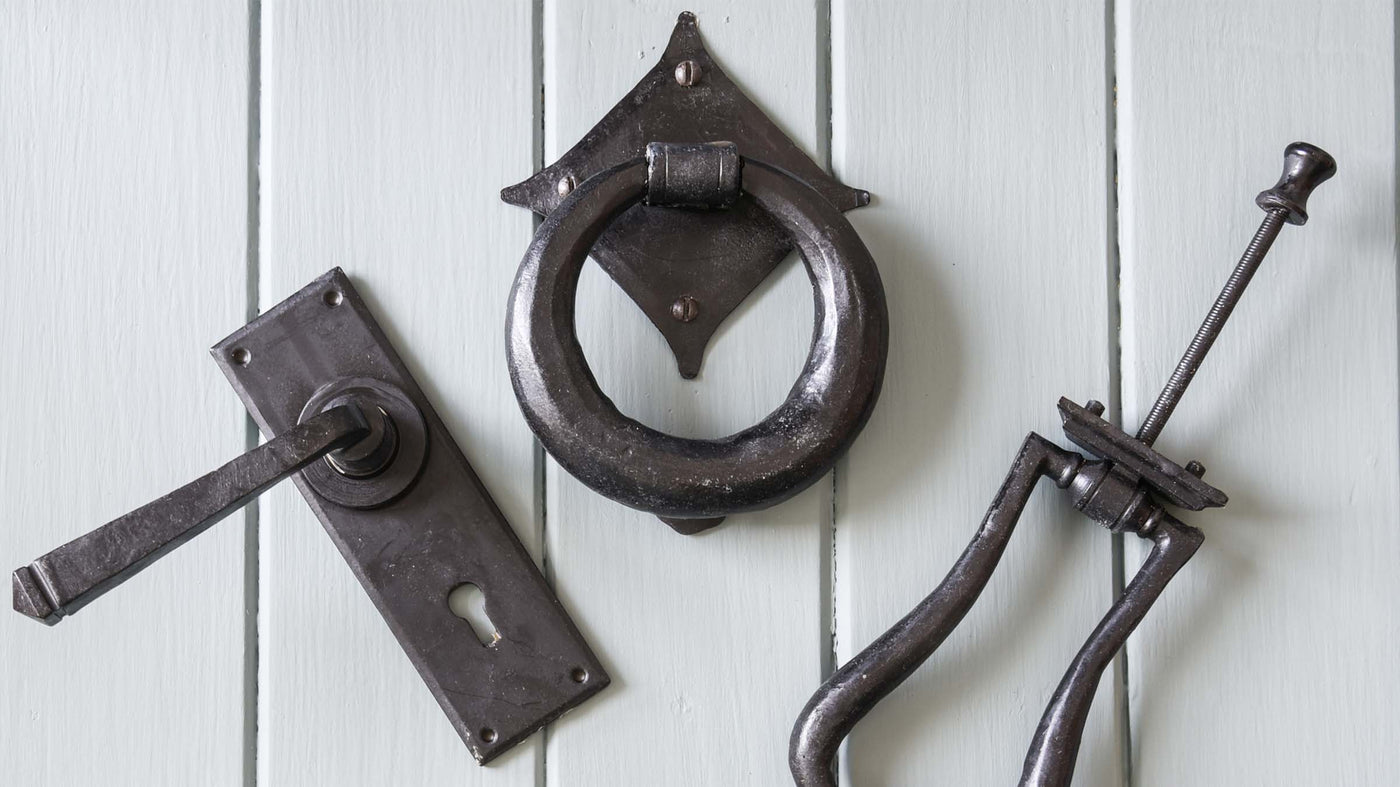 External Black Beeswax traditional finish seen on door knockers and lever handles on cottage door