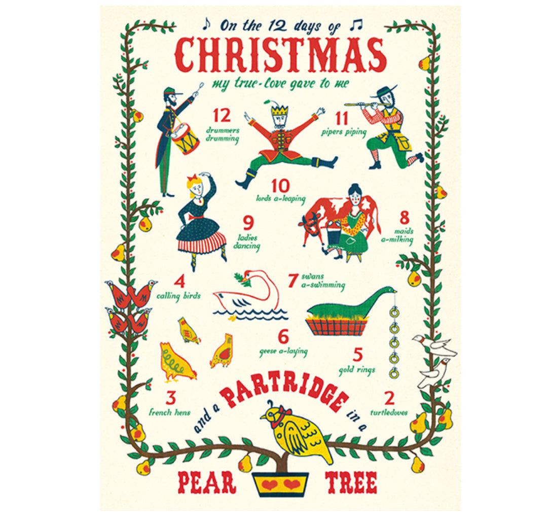 Wrapping paper with Christmas themed illustrations including a partridge in a pear tree, French hens, and other symbols related to the 12 days of Christmas.