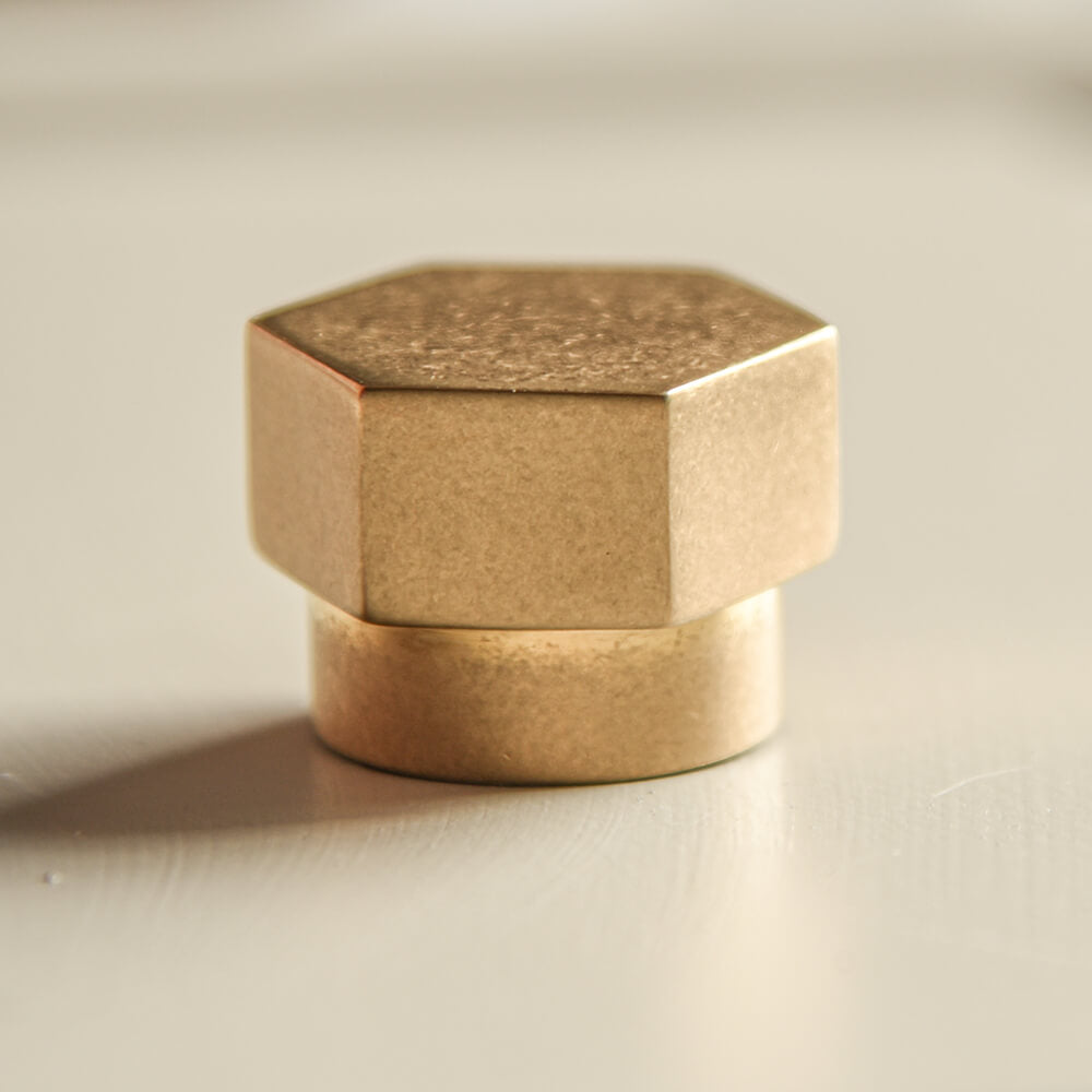 Aged Brass Hex Cabinet Knob shown in profile with a hexagonal form 2