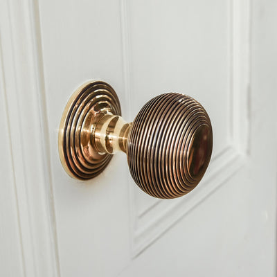Large brass door pull with reeded detailing on a white door