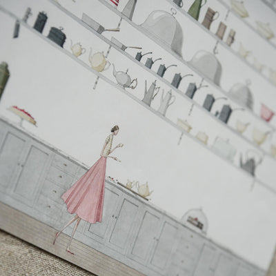 Illustration of a woman in a pink skirt standing in a kitchen with shelves filled with teapots.