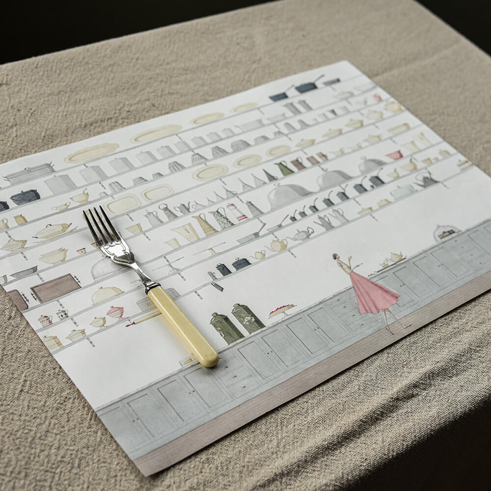 Placemat with dresser design featuring a lady on a textured surface