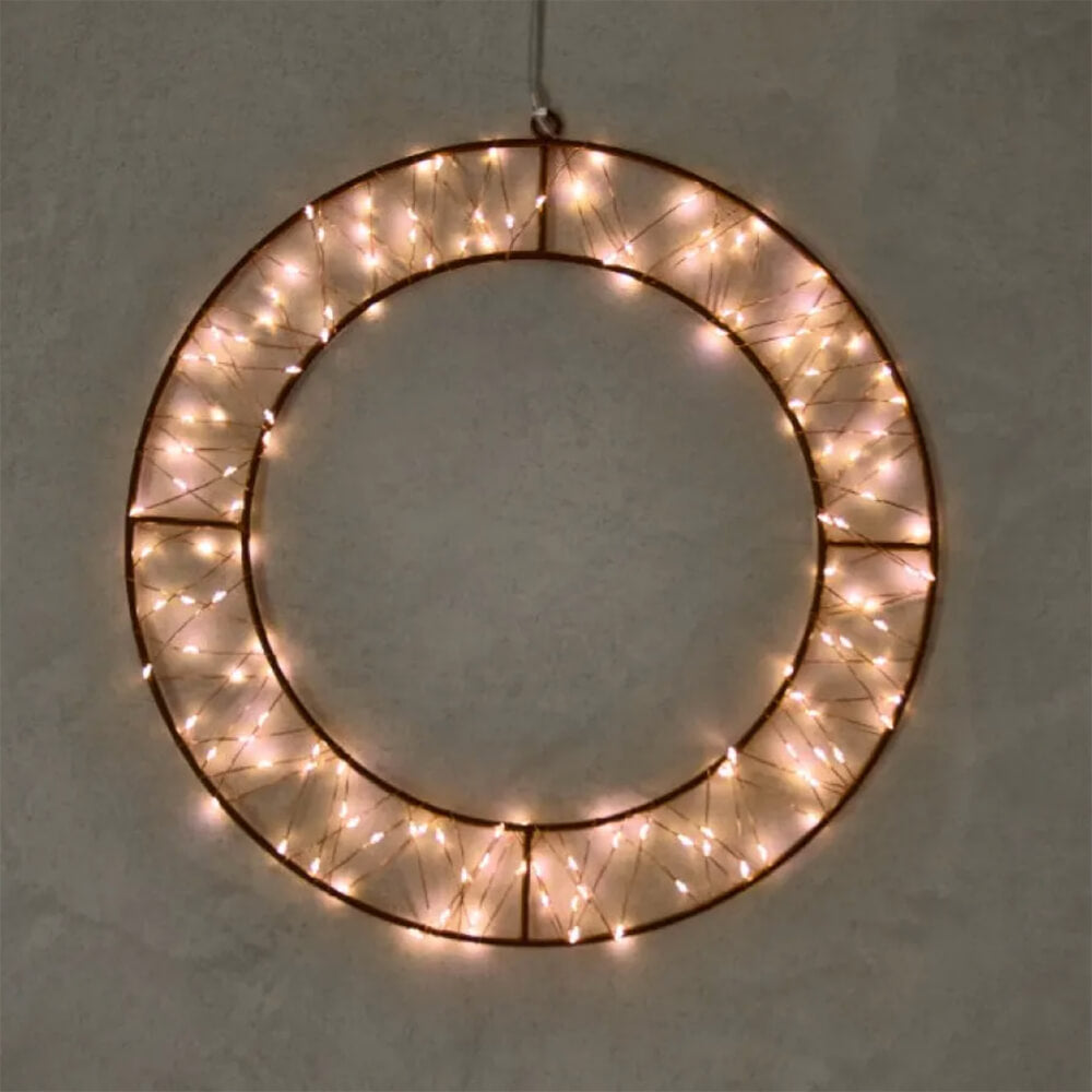 lit wreath with leds on copper hoop