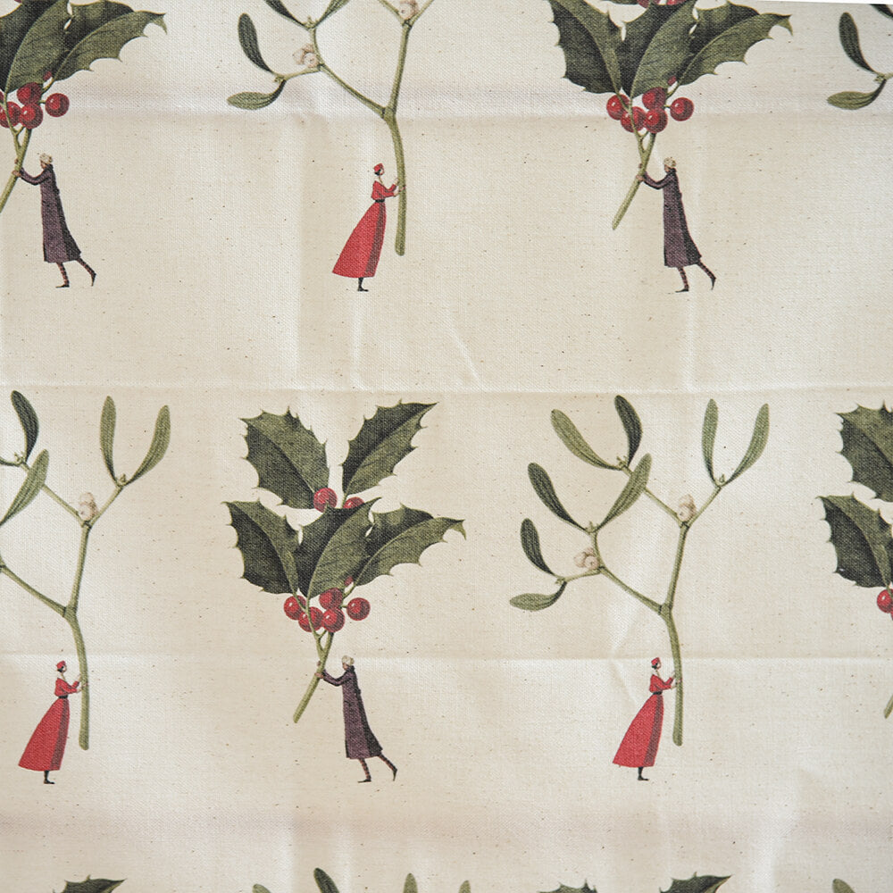 Pattern of holly leaves with red berries and small figures holding them on a beige background.