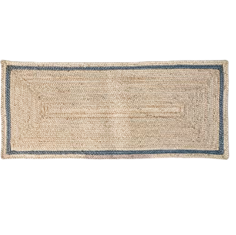 Rectangular jute rug with blue border on a white background