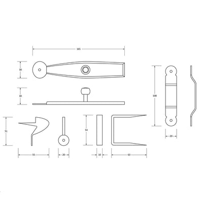 Diagram of the dimensions for a black beeswax door latch 
