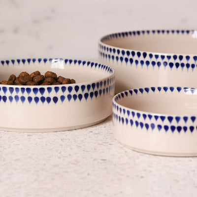 Indigo drop pet bowls in 3 sizes