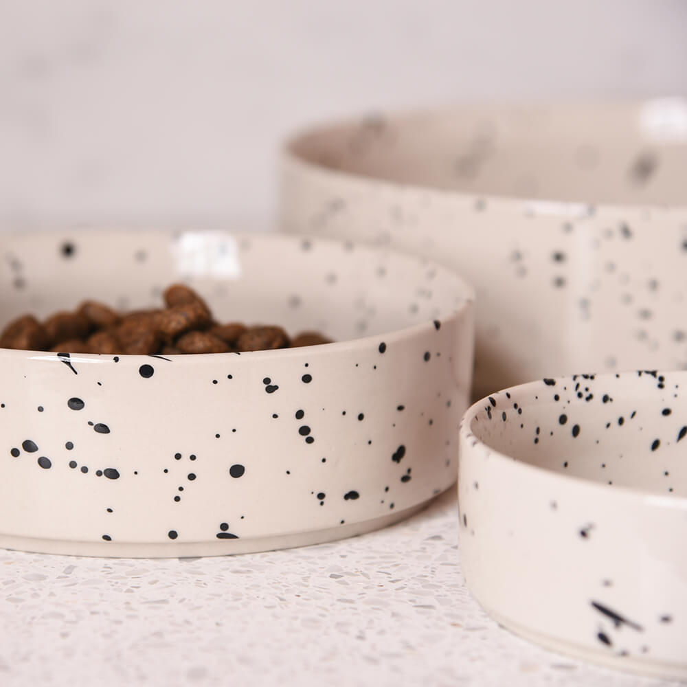 Splatter pet bowls in three sizes