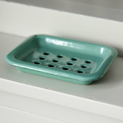 Green metal soap dish with holes