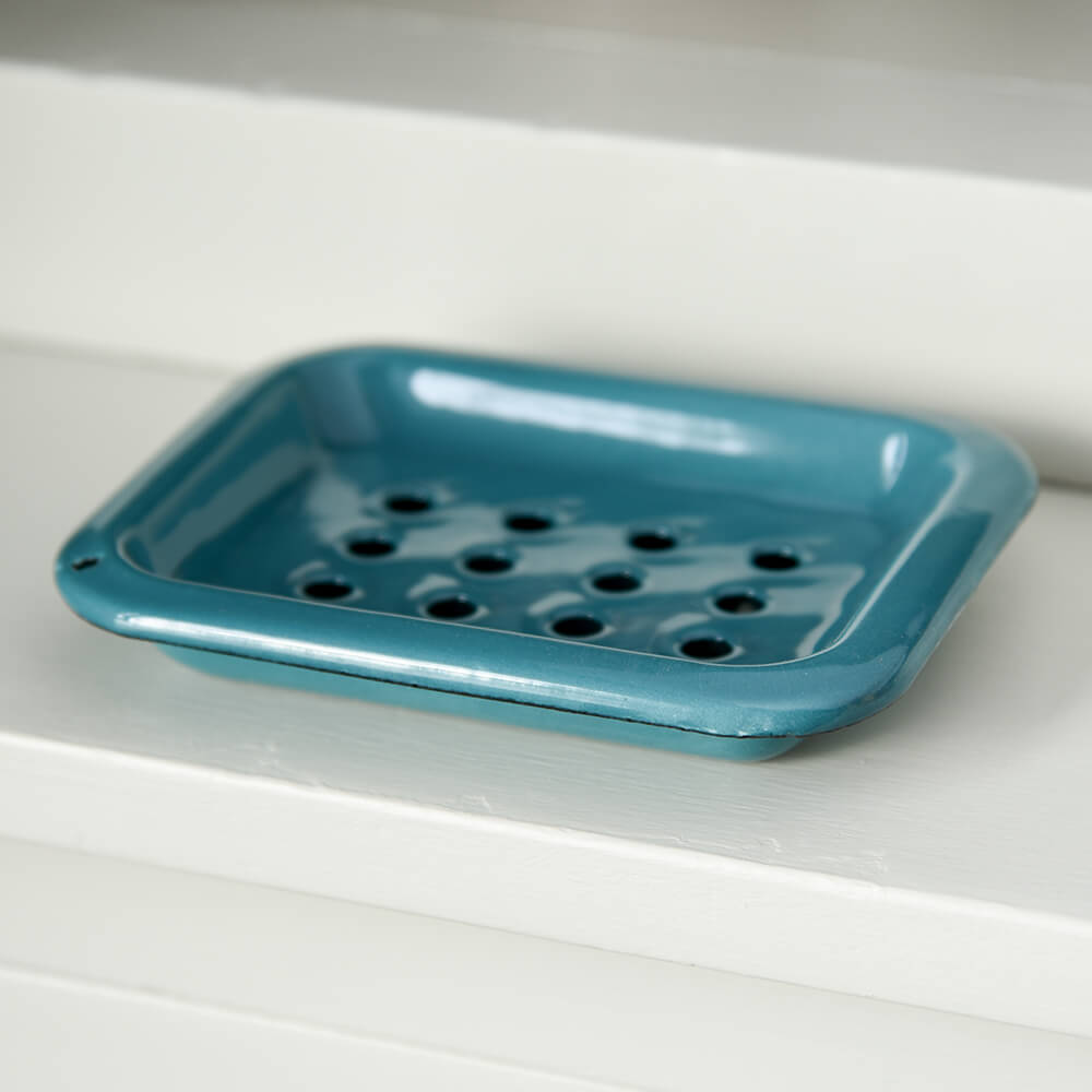 Blue enamel soap dish with holes and tray