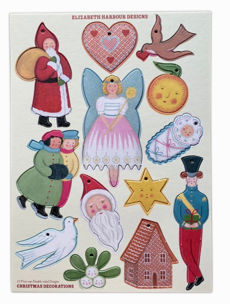 Collection of colorful Christmas-themed decorations by Elizabeth Harbour Designs on a white background.