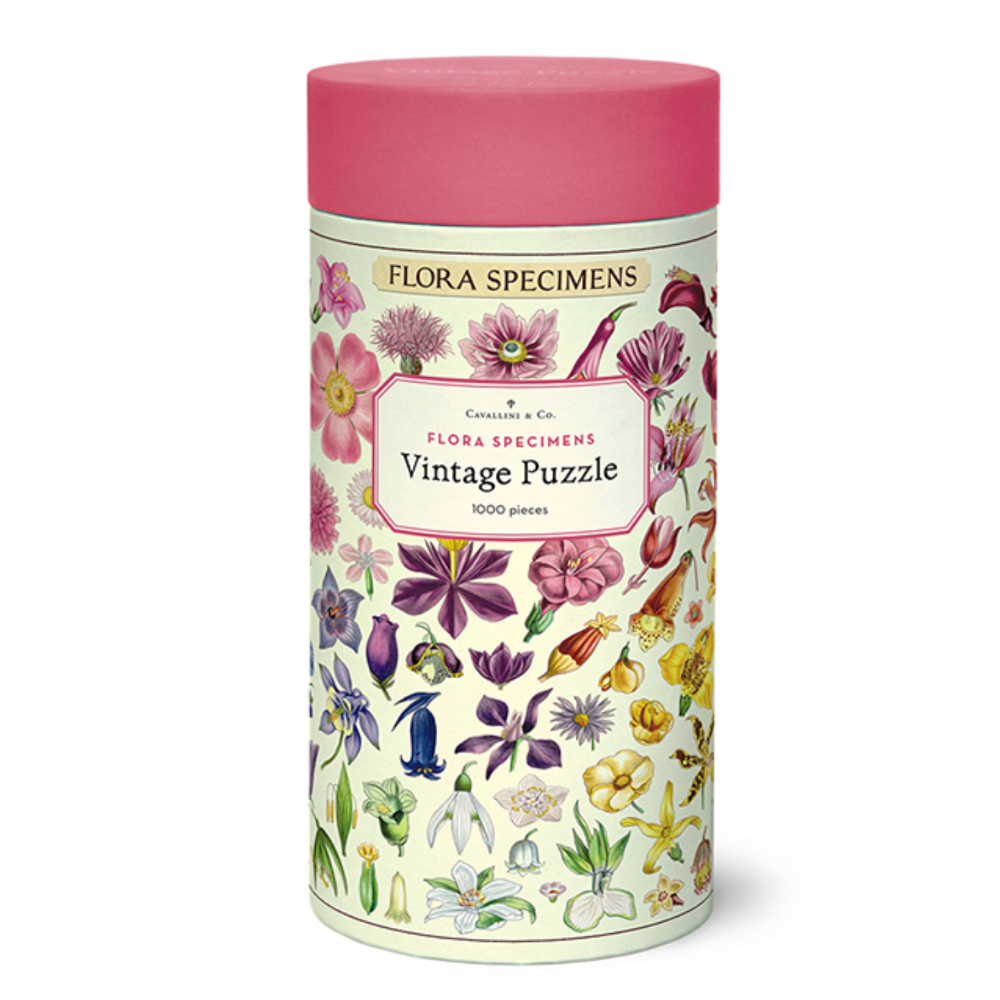Floral puzzle packaging with a pink lid on a white background