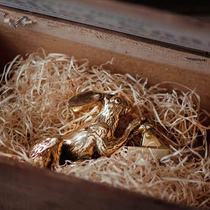 Our brass hare shaped door knocker laid in shreaded wood sat inside an old wooden box