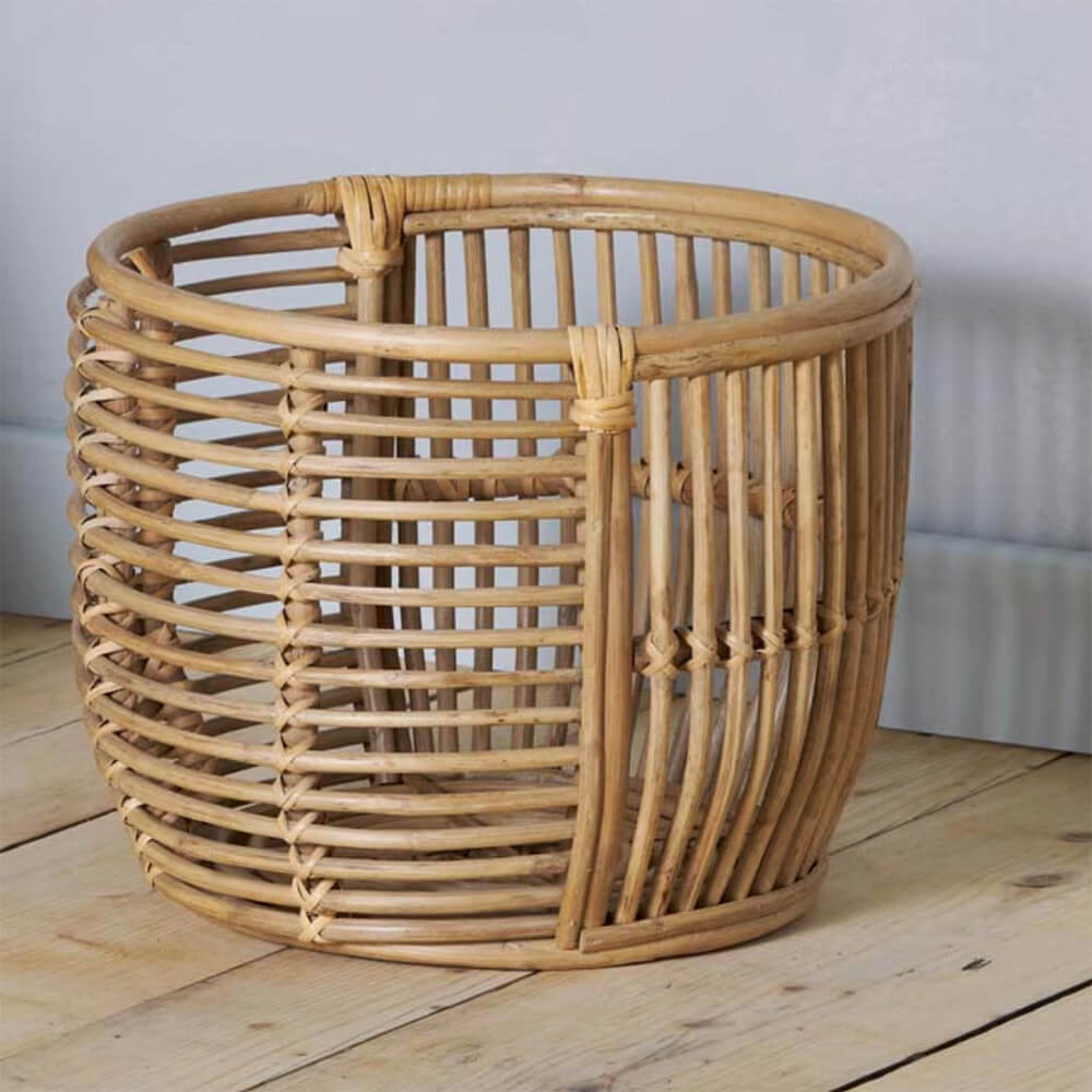 Rattan basket with an upright and vertical pattern.
