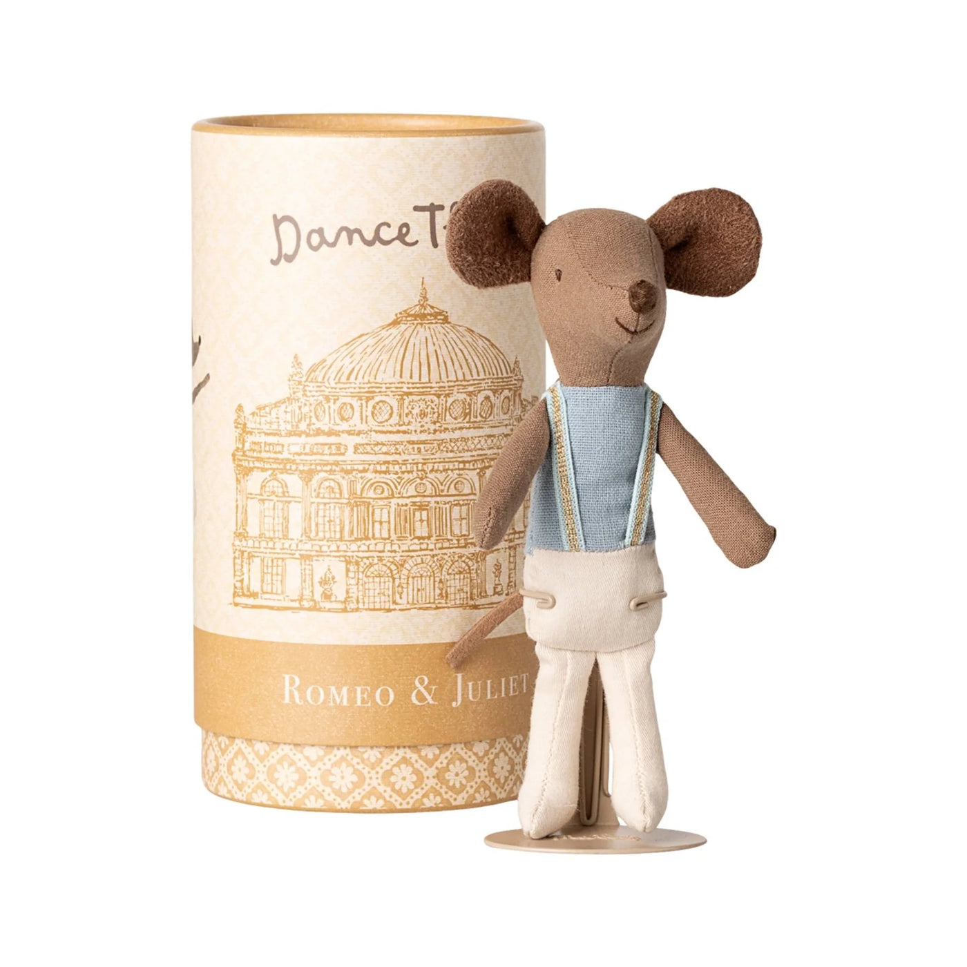 Mouse figure in male ballet outfit standing next to a cylindrical packaging with 'Dance' and 'Romeo & Juliet' text.