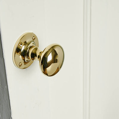 Polished Brass Cushion Door Knobs with a smooth face and elegant curved design on a panelled door